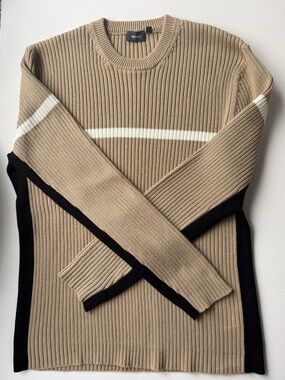 MEXX Tan Ribbed Crewneck Sweater with Black Side Panels & White Stripe